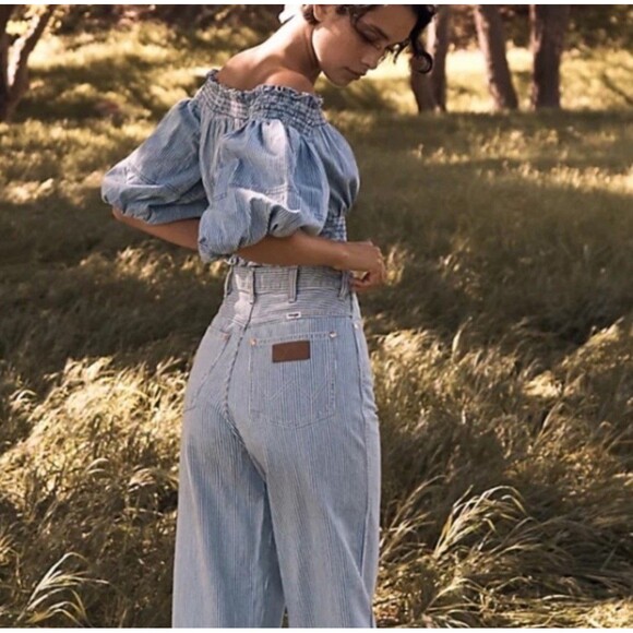 Anthropologie Porridge Top Sz L Ruby Off Shoulder Cropped Denim Striped Boho - Picture 7 of 16